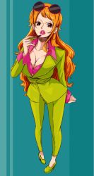 Rule 34 | 1girl, brown eyes, formal, high heels, lipstick, long hair, makeup, nami (one piece), one piece, orange hair, solo, standing, striped, striped background, suit, sunglasses, sunglasses on head