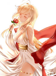Rule 34 | 1girl, absurdres, adapted costume, ahoge, bare shoulders, blonde hair, blush, bracelet, breasts, cleavage, closed eyes, closed mouth, collarbone, dress, earrings, fate/extra, fate (series), flower, hair intakes, heroic spirit formal dress, highres, jewelry, large breasts, long hair, long sleeves, necklace, nero claudius (fate), nero claudius (fate) (all), nero claudius (fate/extra), nero claudius (formal dress) (fate), official alternate costume, puffy long sleeves, puffy sleeves, rose, sash, see-through, shawl, solo, thighs, underbust, white dress, zasshu