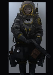 Rule 34 | 1girl, absurdres, alternate costume, blonde hair, cable, closed mouth, diving helmet, diving suit, dry suit, gun, hair ornament, hairclip, helmet, highres, holding, holding gun, holding weapon, kantai collection, kappa modoki, simple background, solo, standard diving dress, two-tone background, weapon, yuudachi (kancolle), yuudachi kai ni (kancolle)