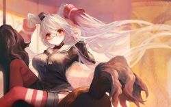 Rule 34 | 1girl, alternate breast size, amatsukaze (kancolle), arm up, black choker, blurry, blurry background, blush, breasts, carousel, choker, glasses, hand in own hair, kantai collection, large breasts, long hair, looking at viewer, md5 mismatch, muike, red-framed eyewear, red eyes, red thighhighs, resolution mismatch, school uniform, serafuku, sidesaddle, solo, source smaller, thighhighs, twintails, two side up, very long hair, white hair