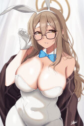 Rule 34 | 1girl, 3ki9709, absurdres, adjusting eyewear, akane (blue archive), akane (bunny) (blue archive), animal ears, bare shoulders, black-framed eyewear, blue archive, blue bow, blue bowtie, bow, bowtie, breasts, brown eyes, brown hair, brown shawl, cleavage, covered navel, detached collar, fake animal ears, film grain, glasses, gloves, hair between eyes, halo, highres, large breasts, leotard, light blush, looking at viewer, official alternate costume, pantyhose, parted lips, playboy bunny, rabbit ears, shawl, solo, strapless, strapless leotard, traditional bowtie, white gloves, white leotard, white pantyhose, wing collar