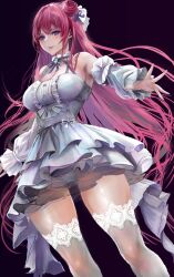 Rule 34 | 1girl, bare shoulders, blush, breasts, cleavage, dorothy (nikke), dress, frilled dress, frills, gluteal fold, goddess of victory: nikke, hair bun, hair ornament, hair ribbon, highres, kyel hyde, large breasts, lips, long hair, looking at viewer, panties, pantyshot, pink hair, purple eyes, purple ribbon, ribbon, solo, thighhighs, underwear, white dress, white panties