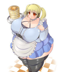 Rule 34 | 1girl, apron, black thighhighs, blonde hair, breasts, fat, female focus, food, headphones, highres, huge breasts, kurokaze no sora, nitroplus, obese, red eyes, short hair, short twintails, solo, standing, super pochaco, thighhighs, twintails, waitress