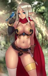 Rule 34 | 1girl, bird, black gloves, blue eyes, breasts, brown gloves, cape, contrapposto, curvy, elbow gloves, elf, fingerless gloves, gloves, houtengeki, jewelry, jpeg artifacts, knife, large breasts, bridal garter, long hair, looking at viewer, lots of jewelry, navel, original, pointy ears, silver hair, single thighhigh, smile, solo, standing, thigh strap, thighhighs, wide hips
