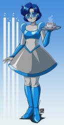 Rule 34 | 0tacat, 1girl, absurdres, alternate costume, bishoujo senshi sailor moon, blue eyes, blue hair, boots, breasts, commentary, commission, cup, empty eyes, english commentary, enmaided, full body, head-mounted display, headset, highres, holding, holding tray, humanoid robot, knee boots, maid, mechanization, mizuno ami, robot, short hair, signature, skirt, small breasts, solo, tea, teacup, tray