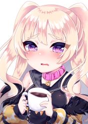 Rule 34 | 1girl, absurdres, azur lane, bache (azur lane), black sailor collar, black shirt, blonde hair, blush, breasts, chiitamu, collar, cup, fang, fur-trimmed jacket, fur trim, highres, holding, holding cup, jacket, long hair, long sleeves, looking at viewer, medium breasts, neckerchief, off shoulder, open clothes, open jacket, parted lips, pink collar, puffy long sleeves, puffy sleeves, purple eyes, sailor collar, shirt, simple background, sleeveless, sleeveless shirt, solo, steam, tears, thick eyebrows, two side up, upper body, wavy mouth, white background, yellow jacket, yellow neckerchief