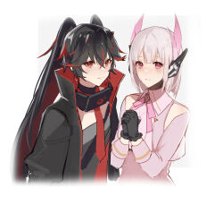 Rule 34 | 2girls, black coat, black gloves, black hair, blush, bob cut, clothing cutout, coat, colored inner hair, colored tips, commentary, crossed bangs, earpiece, earrings, fake horns, gloves, grey background, hair between eyes, headgear, horns, jewelry, kanane li, liv: lux (punishing: gray raven), liv (punishing: gray raven), long hair, looking at viewer, lucia: plume (punishing: gray raven), lucia (punishing: gray raven), mechanical horns, multicolored hair, multiple girls, neck ribbon, necktie, open clothes, open coat, own hands clasped, own hands together, pink eyes, pink ribbon, pink shirt, punishing: gray raven, red eyes, red necktie, ribbon, shirt, short hair, shoulder cutout, small horns, smile, twintails, two-sided coat, two-sided fabric, upper body, variant set, white eyes
