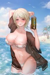 Rule 34 | 1024127919, 1girl, arm up, beach, bikini, black jacket, breasts, can, collarbone, day, eyepatch bikini, faust (project moon), hand up, holding, holding can, innertube, jacket, lace-trimmed jacket, large breasts, limbus company, looking at viewer, ocean, outdoors, project moon, see-through, see-through jacket, solo, swim ring, swimsuit, wading, white bikini