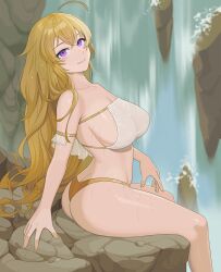 Rule 34 | 1girl, ahoge, ass, breasts, closed mouth, commentary, cropped legs, day, english commentary, highres, large breasts, long hair, outdoors, purple eyes, rock, rwby, sideboob, sitting, smile, solo, swimsuit, wangxiii, water, waterfall, wet, yang xiao long