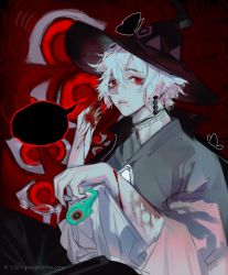 Rule 34 | 1boy, black nails, blood, earrings, ghost, grey hair, hat, highres, jewelry, mischief witch, nail polish, qieqion, red eyes, short hair, sky: children of the light, solo, white hair, witch hat