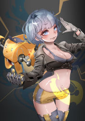 Rule 34 | 1girl, absurdres, blue eyes, blue hair, breasts, cleavage, cyborg, cyborg girls, gloves, highres, humanoid robot, looking at viewer, medium breasts, micro shorts, non-web source, robot, self-upload, short hair, short shorts, shorts, simple background, smile, solo, yellow shorts