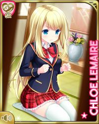 Rule 34 | 1girl, black jacket, blazer, blonde hair, blue eyes, character name, chloe lemaire, clenched hands, flower, girlfriend (kari), indoors, jacket, long hair, official art, plaid, plaid skirt, plant, potted plant, qp:flapper, red skirt, school uniform, seiza, shirt, sitting, skirt, solo, tatami, thighhighs, white shirt, white thighhighs