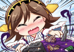 Rule 34 | 10s, 1girl, ^ ^, bad food, bad id, bad pixiv id, blush, brown hair, closed eyes, commentary request, detached sleeves, drum (container), closed eyes, geoduck, hairband, hiei (kancolle), holding, kantai collection, looking at viewer, nontraditional miko, open mouth, rice, sekiguchi miiru, short hair, solo, sparkle, wavy mouth