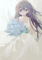 Rule 34 | 1girl, blue eyes, blue flower, bouquet, brown hair, closed mouth, commentary request, dress, flower, highres, holding, holding bouquet, long hair, looking at viewer, original, potg (piotegu), signature, sleeveless, sleeveless dress, solo, white dress