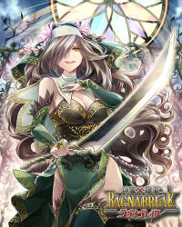 Rule 34 | 1girl, breasts, bridal gauntlets, brown hair, character request, cleavage, copyright name, dress, green dress, green eyes, green thighhighs, hat, holding, holding weapon, long hair, mikuni (mikunik), open mouth, shinma x keishou! ragnabreak, smile, solo, sword, thighhighs, weapon