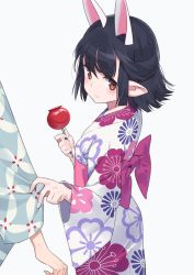 Rule 34 | 1girl, animal ears, black hair, blush, brown eyes, candy apple, extra ears, eyebrows, food, fox ears, hasaha, holding, japanese clothes, kimono, looking at viewer, obi, pointy ears, sash, sidelocks, simple background, solo, ssberit, summon night, summon night 2, upper body, white background