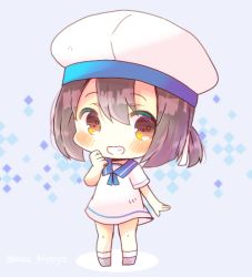 Rule 34 | 1girl, beret, blue background, blue sailor collar, blush, brown eyes, brown hair, chibi, commentary request, daitou (kancolle), dress, full body, grey footwear, grin, hair ribbon, hat, kantai collection, kou hiyoyo, looking at viewer, one-hour drawing challenge, ponytail, ribbon, sailor collar, sailor dress, short sleeves, smile, socks, socky, solo, standing, twitter username, white dress, white hat, white ribbon, white socks