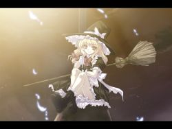 Rule 34 | 1girl, blonde hair, boots, broom, female focus, gradient background, hat, kirisame marisa, letterboxed, long hair, outdoors, sitting, sky, solo, tokiame, touhou, underwear, wallpaper, witch hat, yellow eyes