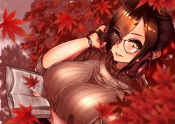 Rule 34 | 1girl, absurdres, alternate costume, alternate hairstyle, azur lane, bespectacled, black hair, book, braid, breasts, brown sweater, friedrich der grosse (azur lane), from above, glasses, hair over one eye, hand in own hair, highres, holding, holding book, huge filesize, large breasts, leaf, looking at viewer, maple leaf, open book, reading, ribbed sweater, solo, sunebu (snake boo2), sweater, watch, wristwatch, yellow eyes