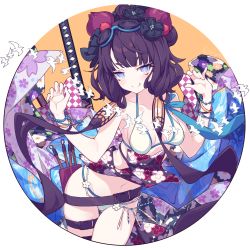 Rule 34 | 1girl, :q, belt, bikini, blue eyes, bracelet, breasts, calligraphy brush, cleavage, fate/grand order, fate (series), floral print, goggles, goggles on head, hair ornament, highres, jewelry, katana, katsushika hokusai (fate), katsushika hokusai (swimsuit saber) (fate), litsvn, long hair, looking at viewer, medium hair, navel, paintbrush, purple hair, sheath, sheathed, solo, swimsuit, sword, thigh strap, tongue, tongue out, transparent background, weapon, white bikini