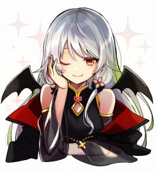 Rule 34 | 1girl, ;), aononchi, bat wings, black cape, black dress, cape, cropped torso, detached sleeves, dress, fang, green hair, grey hair, hair ribbon, hand on own face, head rest, highres, long hair, looking at viewer, morinaka kazaki, multicolored hair, nijisanji, off shoulder, one eye closed, red eyes, ribbon, see-through, see-through sleeves, sleeveless, sleeveless dress, smile, solo, sparkle background, streaked hair, tress ribbon, vampire, virtual youtuber, white background, wings