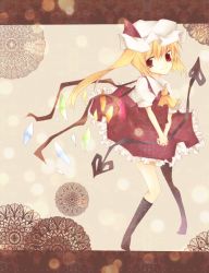 Rule 34 | 1girl, ascot, asymmetrical hair, bad id, bad leg, black socks, blonde hair, child, closed mouth, collared shirt, crystal, female focus, flandre scarlet, frilled skirt, frills, full body, hat, kneehighs, laevatein, nayuta (artist), nayuta (scarlet-noize), no shoes, own hands together, puffy short sleeves, puffy sleeves, red eyes, red skirt, shirt, short hair, short sleeves, side ponytail, skirt, socks, solo, touhou, white hat, wings, yellow ascot