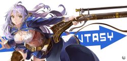 Rule 34 | 10s, 1girl, arrow (symbol), belt, bikini, bikini top only, boots, braid, breasts, brown eyes, cleavage, copyright name, cowboy shot, female focus, finger on trigger, floating hair, granblue fantasy, groin, gun, hair tie, holding, holding gun, holding weapon, large breasts, leaning forward, long hair, long sleeves, looking at viewer, midriff, miniskirt, navel, outstretched arm, parted lips, ribbon, rifle, scope, side braid, side slit, silva (granblue fantasy), silver hair, skirt, sleeve cuffs, solo, swimsuit, thigh boots, thighhighs, uwatsuki isshiki, uwtk, very long hair, weapon, white background, yellow eyes, zettai ryouiki