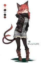 Rule 34 | 1girl, alternate costume, animal ears, black pantyhose, blush, boots, cat ears, cat tail, color guide, contemporary, dress, extra ears, closed eyes, full body, hands in pockets, jacket, kaenbyou rin, long hair, long sleeves, multiple tails, pantyhose, pointy ears, red hair, scarf, simple background, snowflakes, solo, tail, touhou, toutenkou, twitter username, white background