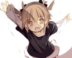 Rule 34 | 1girl, :d, arm up, black bow, black shirt, blush, bow, brown eyes, brown hair, from above, hair between eyes, hair bow, head tilt, kurasuke, layered sleeves, long sleeves, looking at viewer, looking up, open mouth, original, outstretched arms, shirt, short over long sleeves, short sleeves, simple background, sketch, smile, solo, upper body, white background, white shirt