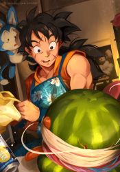 Rule 34 | 1boy, absurdres, alcohol, apron, arnold schwarzenegger, beer, black eyes, black hair, can, commentary, corona (brand), dragon ball, dragonball z, english commentary, english text, floral print, food, fruit, highres, indoors, khyle., looking at food, male focus, open mouth, puar, rubber band, scar, scar across eye, scar on face, spanish text, watermark, watermelon, web address, yamcha