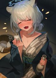 Rule 34 | 1girl, absurdres, alcohol, animal ears, bath yukata, blue archive, blue halo, blush, breasts, choko (cup), cleavage, closed mouth, cup, green hair, grey kimono, halo, highres, holding, holding cup, japanese clothes, kimono, medium breasts, official alternate costume, open mouth, sake, sei!cho, shigure (blue archive), shigure (hot spring) (blue archive), solo, sweatdrop, weasel ears, yukata