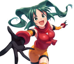 Rule 34 | 1girl, :d, aqua eyes, aqua hair, asada hachi, black gloves, breasts, foreshortening, gloves, jumpsuit, long hair, looking at viewer, medium breasts, open mouth, orange jumpsuit, short jumpsuit, simple background, smile, solo, solty rei, solty revant, twitter username, white background