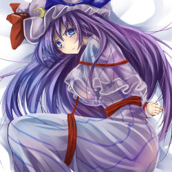 Rule 34 | 1girl, angry, bdsm, blue eyes, blush, bondage, bound, hat, long hair, looking at viewer, monikano, patchouli knowledge, purple hair, rope, solo, touhou