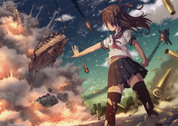 Rule 34 | 1girl, aircraft, airplane, aki (akisora hiyori), arm at side, black skirt, black thighhighs, brown hair, building, burning, burnt clothes, city, clenched hand, cloud, commentary request, contrail, damaged, debris, dust, dust cloud, explosion, falling, fire, floating hair, from below, highres, legs apart, light particles, long hair, midriff peek, military, military vehicle, miniskirt, motion blur, motor vehicle, navel, open m/, original, outdoors, outstretched arm, pleated skirt, school uniform, serafuku, shade, shell casing, short sleeves, skirt, sky, skyscraper, smoke, solo, standing, tank, thighhighs, torn clothes, torn skirt, torn thighhighs, two side up, upshirt, upskirt, vehicle