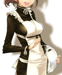 Rule 34 | 1girl, apron, breasts, brown hair, haritama hiroki, head out of frame, maid, maid apron, open mouth, original, shadow, short hair, solo, tray