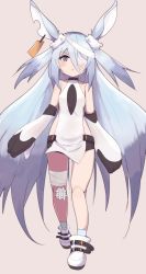 Rule 34 | 1girl, absurdres, animal ears, bandage over one eye, bandaged leg, bandages, bike shorts, black shorts, blue eyes, boots, doll joints, ear tag, elbow gloves, full body, gloves, highres, joints, koshian (taiyaki), legs, little witch nobeta, long hair, monica (little witch nobeta), pink background, rabbit ears, short shorts, shorts, silver hair, simple background, socks, solo, striped clothes, striped footwear, tabard, thighs, two side up, very long hair, walking, white footwear, white gloves, white tabard
