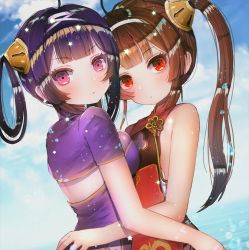 Rule 34 | 2girls, ahoge, azur lane, bad id, bad twitter id, bare shoulders, blue sky, blush, breast press, breasts, brown hair, china dress, chinese clothes, cleavage, closed mouth, cloud, confetti, day, dress, hair ornament, hair rings, hairband, hanato (seonoaiko), hug, jacket, long hair, looking at viewer, looking back, medium breasts, multiple girls, ning hai (azur lane), ocean, outdoors, ping hai (azur lane), purple dress, purple eyes, purple hair, red dress, red eyes, sky, small breasts, sparkle, star (symbol), symmetrical docking, twintails, very long hair, water drop