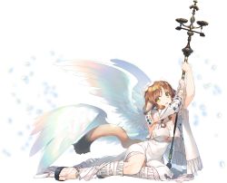 Rule 34 | 1girl, amazuyu tatsuki, angel wings, animal ears, aquaplus, arms up, breasts, brown hair, cleavage, cleavage cutout, clothing cutout, dress, eyelashes, feathered wings, feet, full body, fumirul, gradient eyes, hair between eyes, hair ornament, highres, holding, holding staff, holding weapon, large breasts, large wings, long hair, looking at viewer, mitsumi misato, multicolored eyes, official art, open mouth, sandals, sideboob, sidelocks, sitting, sleeveless, solo, staff, staff (weapon), tail, transparent background, underboob, utawarerumono, utawarerumono: futari no hakuoro, utawarerumono: lost flag, weapon, wings, yellow eyes
