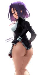 Rule 34 | 10s, 1girl, 2016, ass, black gloves, black panties, breasts, clothes lift, crotch seam, dated, dress, dress lift, flat ass, gloves, highres, kantai collection, looking at viewer, looking back, medium breasts, panties, panties under pantyhose, pantyhose, purple eyes, purple hair, school uniform, see-through, see-through legwear, short hair, signature, simple background, solo, tachibana roku, tatsuta (kancolle), thong, underwear, white background