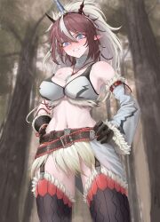 Rule 34 | 1girl, absurdres, arknights, bare shoulders, belt, black belt, black gloves, black thighhighs, blue eyes, blush, breasts, brown hair, choker, cleavage, clenched teeth, commentary, cowboy shot, detached sleeves, forest, fur-trimmed sleeves, fur trim, gloves, head tilt, highres, horns, jewelry, kirin r yato (arknights), large breasts, long hair, long sleeves, looking at viewer, mildt, monster hunter (series), nature, navel, outdoors, pendant, pointy ears, single sleeve, solo, standing, stomach, teeth, thighhighs, white choker, yato (arknights)
