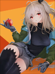 Rule 34 | 1girl, absurdres, ahoge, apple, arknights, belt, belt buckle, black shirt, black thighhighs, breasts, buckle, commentary request, food, fruit, gloves, green jacket, grey belt, grey gloves, grey shorts, hair between eyes, highres, holding, holding food, holding fruit, jacket, light brown hair, long hair, long sleeves, looking at viewer, medium breasts, off shoulder, one side up, open clothes, open jacket, orange background, parted lips, puffy long sleeves, puffy sleeves, red apple, red eyes, shirt, short shorts, shorts, skadi (arknights), skadi (the next afternoon tea) (arknights), solo, thighhighs, yellow background, yunnasu