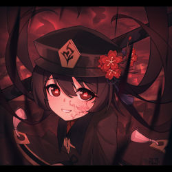 Rule 34 | 1girl, artist name, black hat, brown hair, bug, butterfly, chenfusama, chinese clothes, chinese commentary, coat, coattails, collared coat, collared shirt, commentary, flower, genshin impact, grin, hair between eyes, hat, hat flower, hat ornament, highres, hu tao (genshin impact), insect, letterboxed, long hair, looking at viewer, plum blossoms, porkpie hat, red eyes, red shirt, shirt, signature, smile, solo, symbol-shaped pupils, tassel, teeth, twintails, upper body