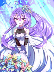 Rule 34 | 1girl, ahoge, alternate costume, black shirt, blue flower, blush, bouquet, breasts, commentary request, cowboy shot, cowlick, crossed bangs, dress, flower, gloves, green flower, hair between eyes, high ponytail, highres, hiyoku no crosspiece, holding, holding bouquet, long bangs, long hair, looking at viewer, nanashi inc., open mouth, pink eyes, pink flower, purple hair, qwq oekaki, shirt, shisui kiki, sidelocks, small breasts, smile, solo, stained glass, very long hair, virtual youtuber, white dress, white gloves