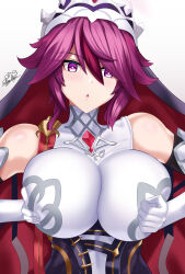 Rule 34 | 1girl, :o, absurdres, breasts, covered collarbone, genshin impact, gloves, grabbing own breast, hair between eyes, highres, huge breasts, impossible clothes, light blush, looking at viewer, nez-box, open mouth, paid reward available, pink eyes, red hair, rosaria (genshin impact), signature, solo, upper body, veil, white gloves