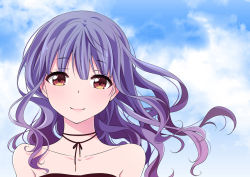 Rule 34 | 1girl, bare shoulders, black dress, blue hair, blue sky, cloud, collarbone, day, dress, eyelashes, haruhana, lips, long hair, looking at viewer, neck ribbon, original, outdoors, red eyes, ribbon, sky, smile, solo, strapless, strapless dress, upper body, wind