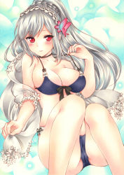 Rule 34 | 1girl, ass, azur lane, bare legs, bare shoulders, bikini, black bikini, black choker, blush, breasts, cameltoe, choker, cleavage, closed mouth, collarbone, dunkerque (azur lane), dunkerque (summer sucre) (azur lane), feet out of frame, flower, front-tie bikini top, front-tie top, hair ornament, hairband, hand up, highres, holding, knees up, long hair, looking at viewer, medium breasts, ponytail, red eyes, saya pr, shawl, sidelocks, silver hair, smile, solo, strap pull, swimsuit, thighs, white flower