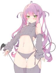 Rule 34 | 1girl, ahoge, blush, cable knit, closed mouth, cowboy shot, cropped sweater, demon tail, detached sleeves, garter straps, green hair, grey panties, grey sleeves, grey sweater, grey thighhighs, hair ornament, hairpin, highres, hololive, legs together, long hair, long sleeves, looking at viewer, meme attire, multicolored hair, navel, navel piercing, nekonika (e102k), panties, piercing, pink hair, purple hair, ribbed sleeves, ribbed sweater, sidelocks, simple background, sleeveless, sleeveless sweater, solo, stomach, sweater, tail, thigh gap, thighhighs, tokoyami towa, turtleneck, turtleneck sweater, twintails, two-tone hair, underwear, very long hair, virgin destroyer sweater, virtual youtuber, white background