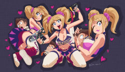 Rule 34 | 1boy, 1girl, absurdres, ass, bare shoulders, blonde hair, blue background, blue eyes, blue skirt, breast press, breasts, candy, chainsaw, cheerleader, cleavage, crop top, food, heart, heart-shaped pupils, highres, inker comics, juliet starling, kneeling, large breasts, lollipop, lollipop chainsaw, looking at viewer, midriff, multiple views, navel, nick carlyle, one eye closed, open mouth, shoes, simple background, skirt, sleeveless, smile, sneakers, symbol-shaped pupils, teeth, thighhighs, tongue, twintails, upper body, upper teeth only, white thighhighs, wink