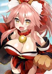 Rule 34 | 1girl, animal ears, animal hands, bell, blush, breasts, cleavage, collar, fangs, fate/grand order, fate (series), fox ears, fox tail, hair ribbon, large breasts, long hair, looking at viewer, neck bell, open mouth, pink hair, ribbon, solo, tail, tamamo (fate), tamamo cat (fate), tamamo cat (first ascension) (fate), tamamo no mae (fate/extra), yanyo (ogino atsuki), yellow eyes