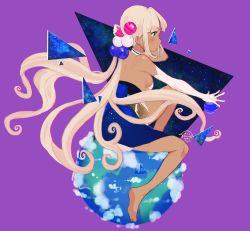 Rule 34 | 1girl, absurdres, atlas (grasstown a), bare shoulders, barefoot, cloud, dark skin, detached sleeves, earth (planet), feet, gloves, hair ornament, highres, hololive, hololive english, long hair, looking to the side, planet, purple background, signature, simple background, skirt, space, star (sky), triangle, tsukumo sana, twintails, virtual youtuber, white hair, yellow eyes